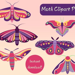 Puede incluir: Cinco ilustraciones coloridas de polillas con intrincados patrones en tonos de rosa, morado y amarillo. Las polillas están aisladas sobre un fondo rosa con el texto "Moth Clipart PNG" y "Descarga instantánea!" en texto morado.