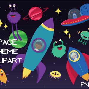 Space alien clipart PNGs, cute aliens, ufo clipart, rocket, spaceship, astronaut, space theme, stars, planets, moon, vector space clipart