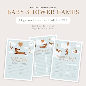 May include: A set of 14 printable baby shower games featuring a cute dachshund illustration. The games include "Baby Word Scramble", "Baby Item A-Z", and "Predictions & Advice".