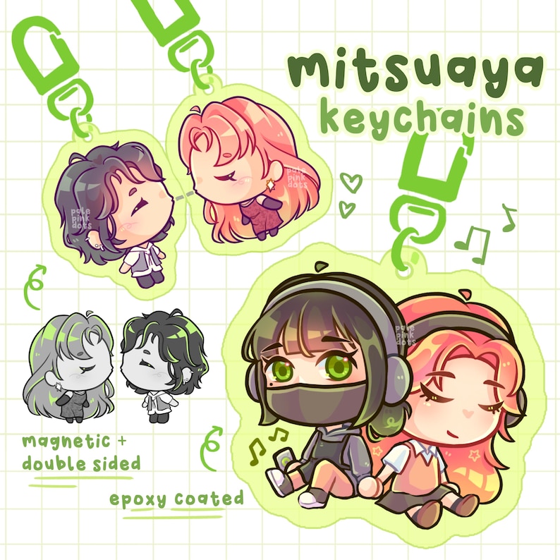 May include: Mitsuya keychains with anime-style character illustrations. The keychains are double-sided, epoxy coated, and magnetic. The designs feature characters with pink and black hair, in different outfits. The text "mitsuya keychains" is visible.