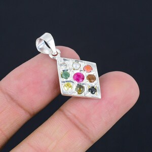 Handmade Beautiful Pure Silver Navratna pendant 9 Navratna Gemstone Engraved