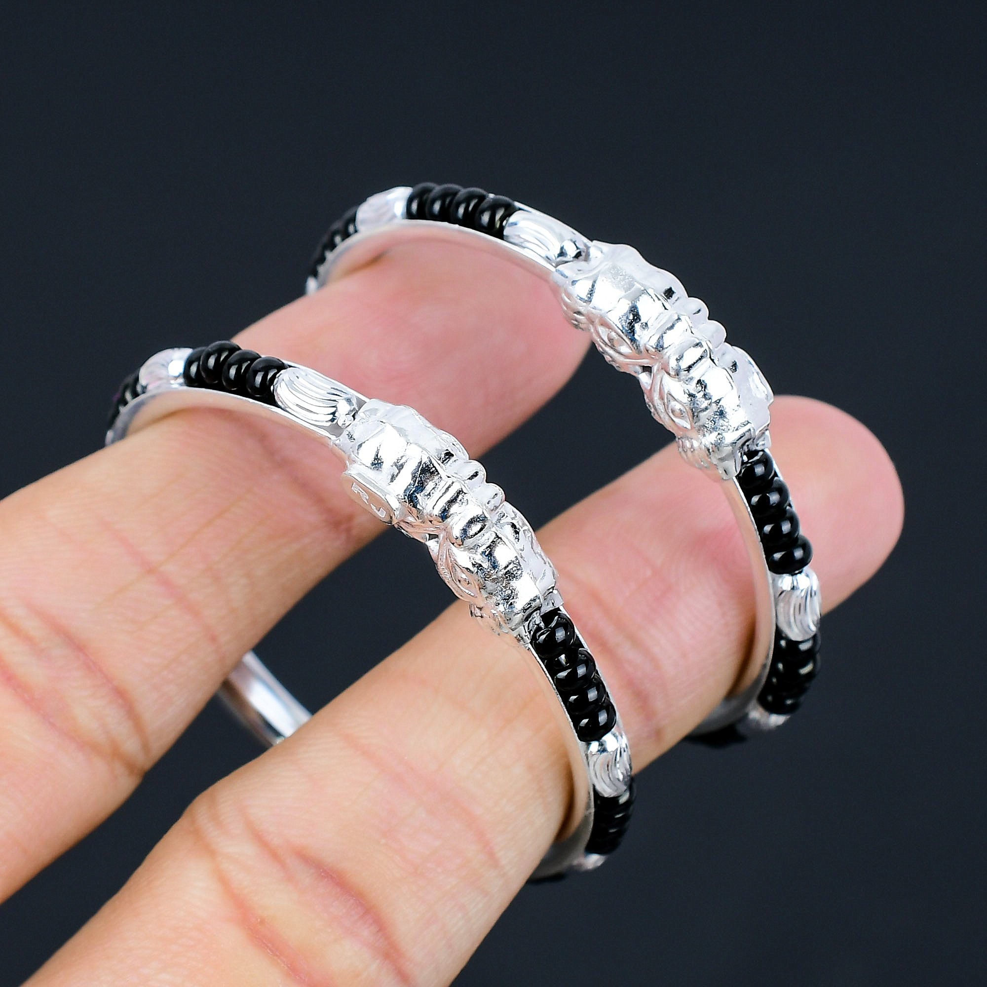 black beads baby shower silver bangles