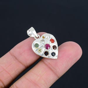 Handmade Beautiful Pure Silver Navratna pendant 9 Navratna Gemstone Engraved