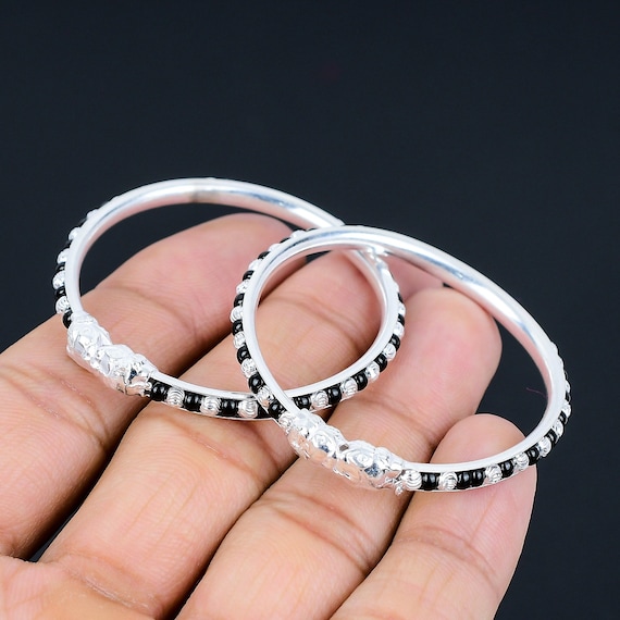 Buy Pure Silver Baby Bangle With Black Stone – Handmade for Unisex Kids Online in India - Etsy