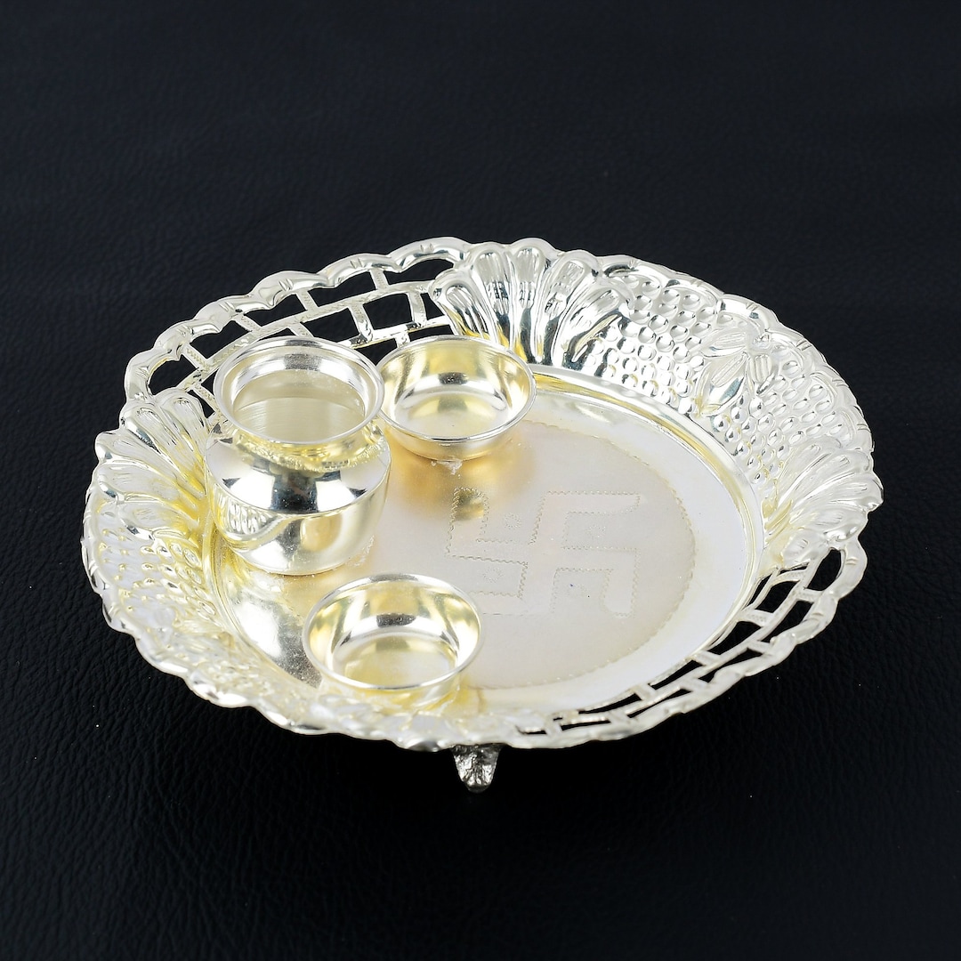 Pure Silver Pooja Set Plate ,bowl ,kalash ,silver Pooja Plate, Silver