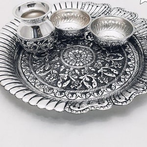Handmade Pure Antique Silver 925 Stamp Pooja Plate Set Bowl ,Kalash  Silver Pooja Plate/Thali | Hindu Ritual/Worship Plate Set