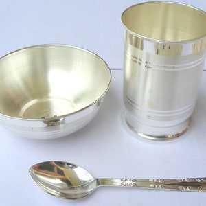 Silver Water Milk Glass and Bowl, Silver Tumbler Spoon, Baby Food Utensil