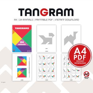 Könnte beinhalten: Eine Sammlung druckbarer Tangram-Puzzles. Das Bild zeigt das Wort "TANGRAM" in fetten schwarzen Buchstaben. Der Text "A4 | 24 TIERE | DRUCKBARE PDF | SOFORT-DOWNLOAD" ist ebenfalls sichtbar. Das Bild enthält farbenfrohe Puzzlebeispiele und einen roten Kreis mit "A4 PDF SOFORT-DOWNLOAD".