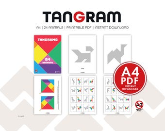 Printable Tangram | 24 animals | A4 PDF
