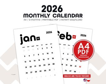 2026 Minimalist Monthly Calendar | A4 | English & Polish | Printable PDF