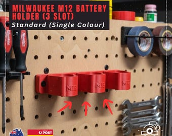 M12 Battery Holder 3 Slot | Wall Mount for Use with Milwaukee M12 Batteries | 3D Printed Tool Storage | Garage Organiser