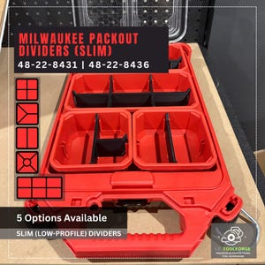 Może przedstawiać: Czerwone dzielniki Milwaukee Packout Slim z czarnymi przegrodami. Obrazek przedstawia produkt z tekstem "MILWAUKEE PACKOUT DIVIDERS (SLIM)" i "5 Options Available". Produkt przeznaczony jest do organizacji narzędzi.