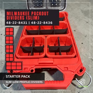 May include: Red Milwaukee Packout Slim Dividers with black dividers. The image shows the Starter Pack with the text "MILWAUKEE PACKOUT DIVIDERS (SLIM)" and the numbers "48-22-8431 | 48-22-8436". The product is designed for tool organisation.