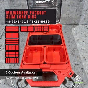 May include: Red Milwaukee Packout Slim Long Bins with multiple compartments. The image shows the open bin with various storage options. Text on the image reads "MILWAUKEE PACKOUT SLIM LONG BINS" and "8 Options Available (LOW-PROFILE) LONG BINS".
