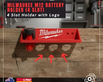 4-Slot Milwaukee Battery Mount | Battery Holder Compatible with Milwaukee M12 Batteries | Garage & Workshop Organiser | Battery Storage