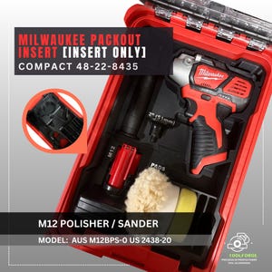 Pode incluir: Um inserto vermelho Milwaukee Packout contendo uma polidora/lixadeira M12. O kit inclui a polidora, almofadas e outros acessórios. O texto "M12 POLISHER / SANDER" e "2" (51mm)" são visíveis.