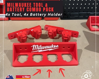 4-Slot Milwaukee Battery and 4x Tool Holder Mounts | Battery Holder Compatible with Milwaukee M12 Batteries | Garage & Workshop Organiser |