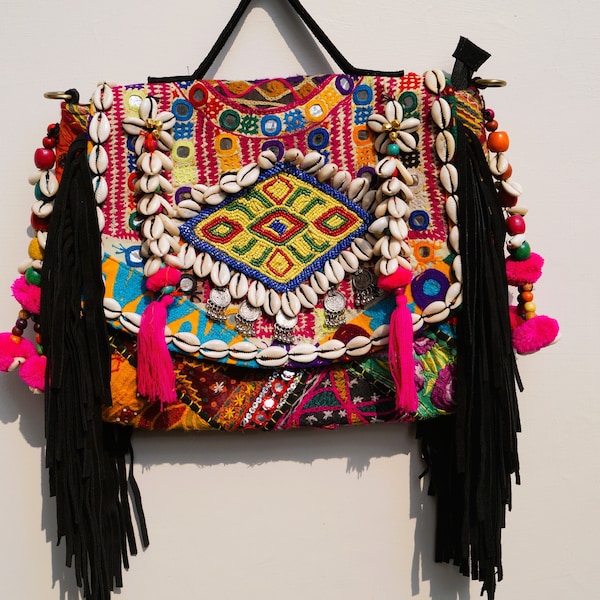 Orange - Banjara Vintage Embroidery Mirror & Coin Work Sling Bag