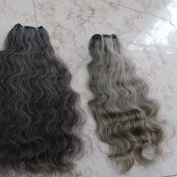 Raw Indian Salt and Pepper Human Hair Wefts Collection from India.