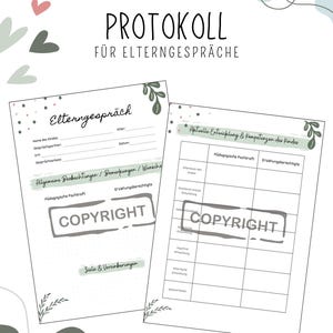 Könnte beinhalten: Zwei weiße Papierbögen mit deutschem Text, die für Elterngespräche konzipiert wurden. Die Bögen enthalten Abschnitte für Notizen, Beobachtungen und Ziele. Das Design zeigt ein Logo, dekorative Blätter und das Wort "COPYRIGHT".