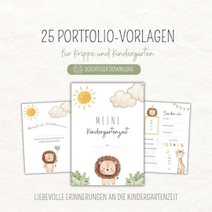 Può includere: Un set di 25 modelli di portfolio per asilo nido e scuola materna con illustrazioni ad acquerello di leoni, giraffe, soli e nuvole. Il testo include 25 PORTFOLIO-VORLAGEN, SOFORTIGER DOWNLOAD, MEINE Kindergartenzeit, Herzlich Willkommen e Das bin ich.