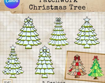 Könnte beinhalten: Eine digitale Illustration mit sechs Weihnachtsbaumdesigns. Die Bäume sind schwarz umrandet mit grünen und weißen Details, einige sind mit Schleifen oder Sternen verziert. Der Text "Patchwork Christmas Tree" wird oben angezeigt.