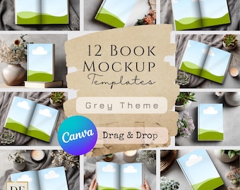 May include: A collection of 12 book mockup templates with a grey theme. The book covers feature a blue sky and green landscape design. The Canva logo and "Drag & Drop" text are also visible.