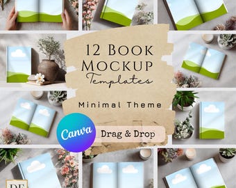 Mockup met open boekomslag voor canvas: 12 bewerkbare mock-ups | Sjablonen voor portret, liggend en omslag | voor KDP, tijdschriften | Minimaal | BOEK01