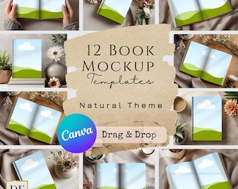 Mockup met open boekomslag voor canvas: 12 bewerkbare mock-ups | Sjablonen voor portret, liggend en omslag | voor KDP, tijdschriften | Natuurlijk | BOEK01