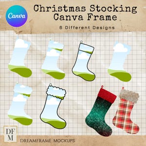 May include: A collection of six Christmas stocking designs. The stockings feature various patterns, including a red and green glitter design, a red and white plaid pattern, and several with a sky and landscape design. Text reads "Christmas Stocking Canva Frame".