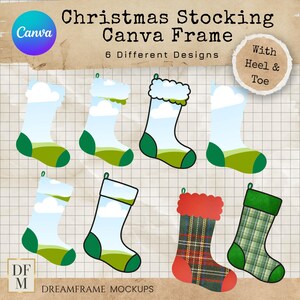 May include: A collection of Christmas stocking designs. The image features six different stocking designs, including ones with sky and cloud patterns, and plaid patterns. The text on the image says "Christmas Stocking Canva Frame" and "6 Different Designs."