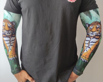 竹製圧縮アームスリーブ - アウトドアアクティビティウォーマー - グリーンカラー ジャングルの虎デザイン