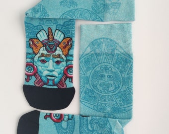 竹製ソックス - 通気性に優れた特別なデザイン - ケツァルコアトルとアステカのモチーフ