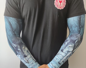 竹製圧縮アームスリーブ - アウトドアアクティビティウォーマー - ダークカラーウルフデザイン