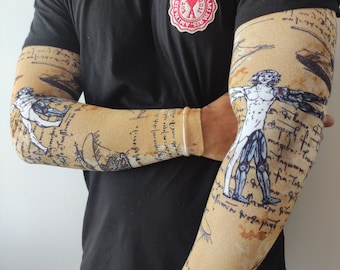 竹製圧縮アームスリーブ - アウトドア活動用ウォーマー - アンティーク紙カラー ダヴィンチの絵 モダン&古代デザイン