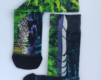 竹製ソックス - 通気性に優れた特別なデザイン - ヒョウと黒ヒョウの絵