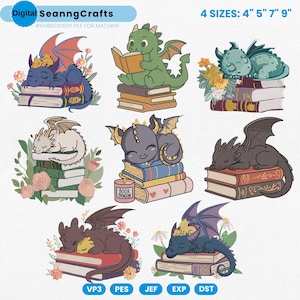 May include: Collection of dragon designs, each resting on a stack of books. Dragons are in various colors, including blue, green, and gray, with floral accents. The text "Digital SeanngCrafts" and "#EMBROIDERY FILE FOR MACHINE" are visible. Available in 4 sizes: 4", 5", 7", and 9".