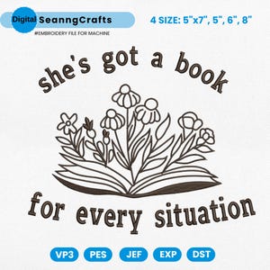 Book for Every Situation Embroidery File, Bookish Embroidery Machine File, Romance Reader Digitizing Embroidery File, Floral Book Pes File