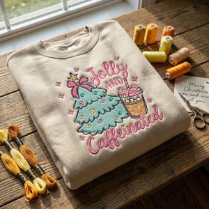 Diseño de bordado "To Be Jolly and Caffeinated", archivo de bordado de lazo navideño coqueto, archivo de bordado de árbol de Navidad preppy, café navideño Dst