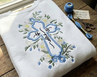 Blumenkreuz Ostern Maschinenstickerei, Er ist auferstanden, christlicher Glaube Stickdatei, Jesus Maschinenstickerei