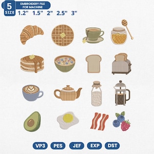 Könnte beinhalten: Stickdatei für die Maschine mit Frühstücksmotiven. Enthält ein Croissant, eine Waffel, eine Teetasse, ein Honigglas, Pfannkuchen, eine Müslischale, Toast, einen Toaster, eine Kaffeetasse, eine Teekanne, eine Milchflasche, eine French Press, eine Avocado, ein Spiegelei, Speck und Beeren. Größen von 3.0 cm bis 7.6 cm.