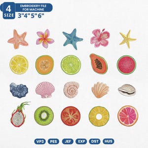 Könnte beinhalten: Stickdatei mit farbenfrohen Designs von Seesternen, Blumen, Muscheln und geschnittenen Früchten wie Zitrone, Kiwi und Wassermelone. Der Text lautet "EMBROIDERY FILE FOR MACHINE" und "SIZE 3"4"5"6".