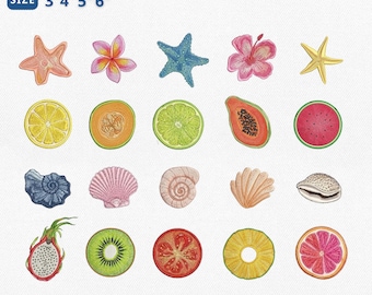 Archivo de bordado "Ambiente de verano", diseño de bordado de frutas tropicales de verano, conjunto de pequeñas conchas marinas costeras con flores, descarga instantánea.