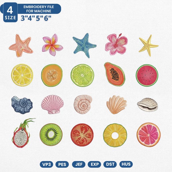 Summer Vibes Embroidery File, Tropical Summer Fruits Embroidery Design, Tiny Coastal Seashell Set with Flowers File, Instant Download