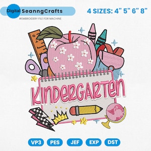 Back to School Embroidery Design, Pink Apple School Supplies Embroidery File, Kindergarten Embroidery Machine File, First Day of School pes