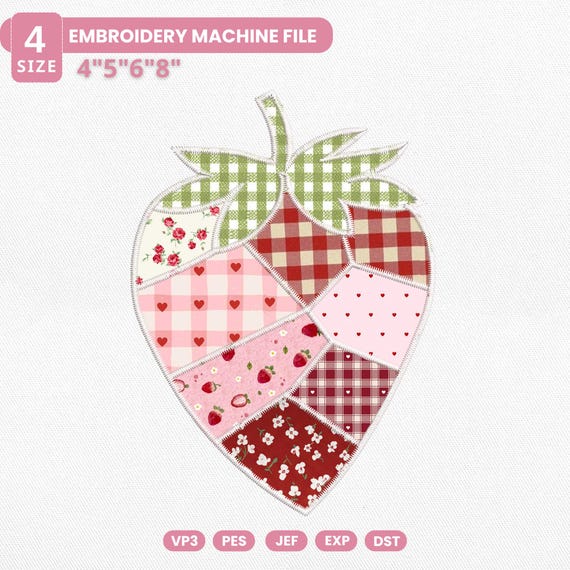 Strawberry Applique Embroidery Design, Sweet Summer Time Applique Machine Embroidery Design File, Summer Vacation, Instant Download