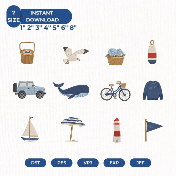 Nantucket Summer Embroidery Design Bundle, Coastal Icons Machine Embroidery, Beach Digital File, Lighthouse Whale Sailboat, Instant Download