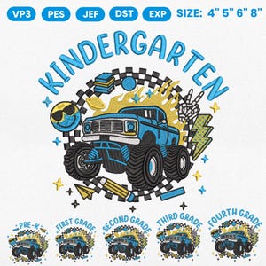 May include: Embroidered design with a blue monster truck and the word "KINDERGARTEN". Includes a smiling sun, lightning bolt, and school-themed graphics. Available in sizes 10.16cm, 12.7cm, 15.24cm, and 20.32cm.