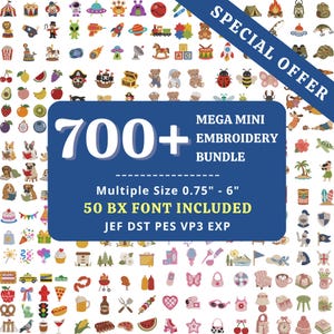 Peut inclure: Une collection numérique de plus de 700 mini motifs de broderie représentant divers icônes comme des animaux, de la nourriture et des objets. La bannière bleue centrale affiche le texte 700+ MEGA MINI EMBROIDERY BUNDLE, Multiple Size 1,9cm - 15,2cm, 50 BX FONT INCLUDED, JEF DST PES VP3 EXP.