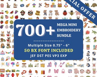 700+ Mini Embroidery Design Bundle, Halloween Christmas Baby, Animals Food Western Tiny Designs, 50 BX Fonts, PES DST VP3, Instant Download